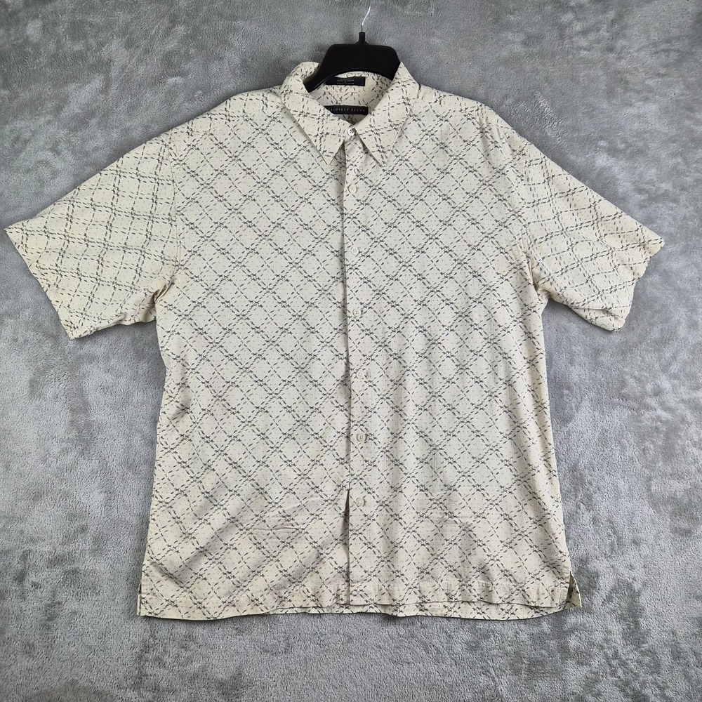 Geoffrey Beene Shirt Mens Large Neutral Beigeโ Green Geometric Silk Short Sleeve